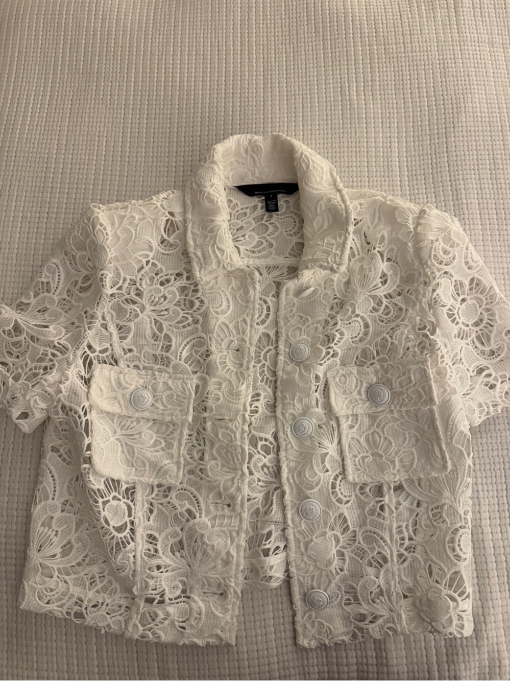 Vici White Lace Crochet Button-Front Short Sleeve Shirt